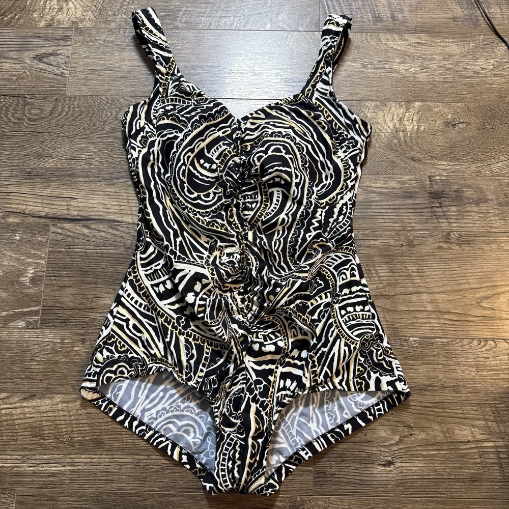 Le Cove Swimwear Women's Size 14 Black/Gold/White One‎ Piece Swimsuit